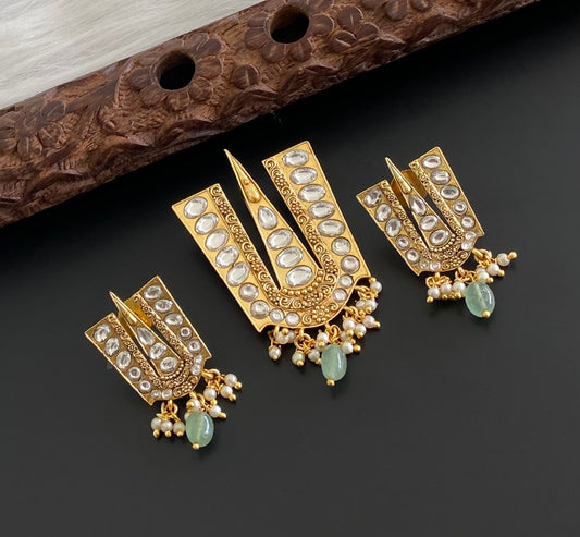 Gold tone white stone kundan jadau thirumal nama pendant set dj-53982