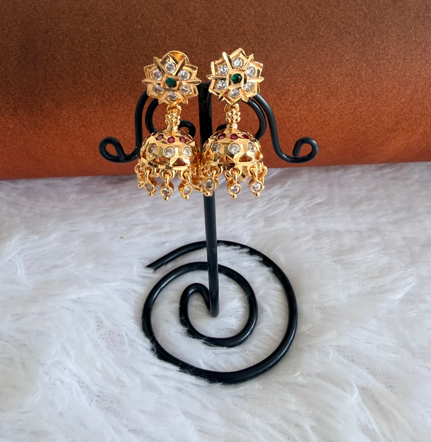 Gold tone AD pink-green-white south Indian flower jhumkka dj-53269