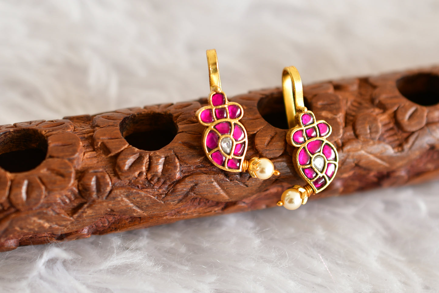Gold tone pink-white kundan jadau mango bugadi earrings dj-52495