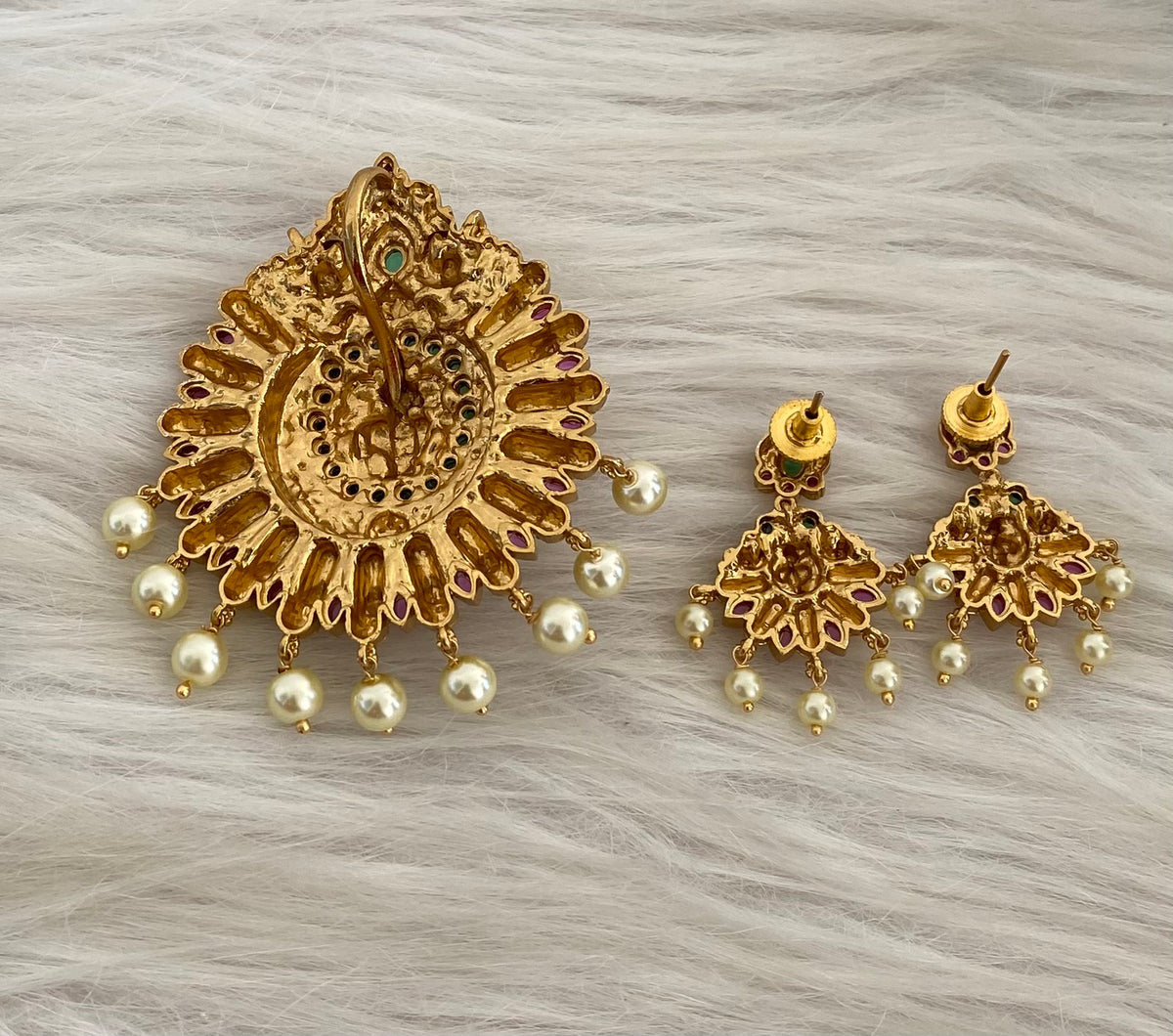Antique gold tone pearl peacock krishna meenakari pendant set dj-54742