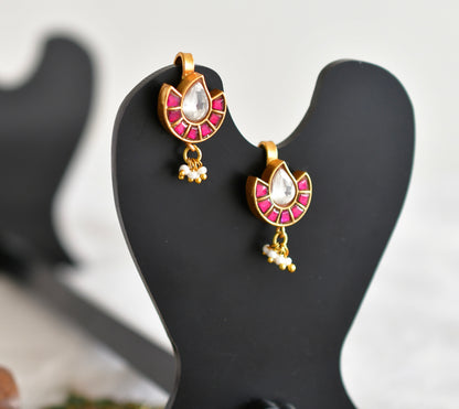 Gold tone pink-white kundan jadau bugadi earrings dj-52494