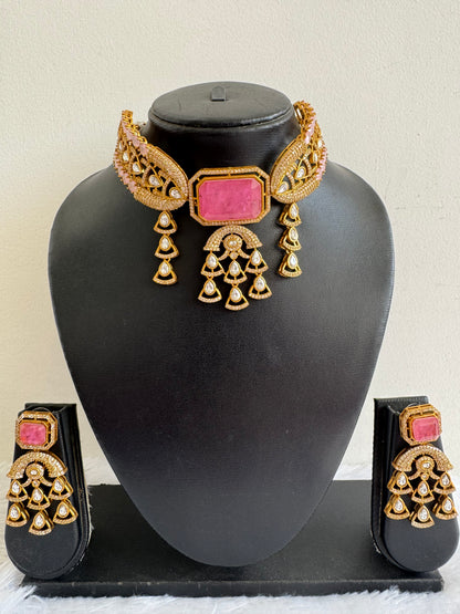 Antique gold tone cz kundan baby pink choker necklace set dj-51076