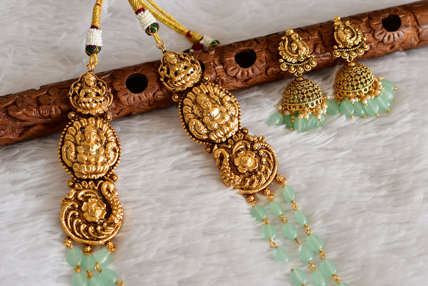 Antique gold tone sea green beaded lakshmi peacock multi layer haar set dj-52428