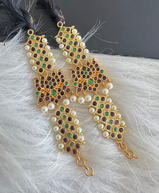 Gold tone kemp-green-white precious lotus pearl ear side chain dj-51186