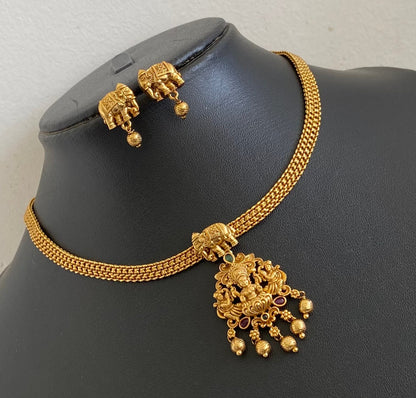 Antique gold tone kemp-green lakshmi elephant necklace set dj-54071