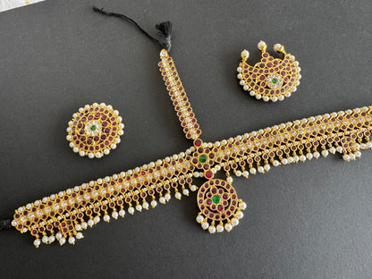 Gold tone precious kemp-green-white pearl maang head set with sun moon dj-52268