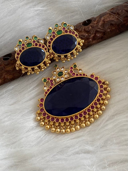 Matte finish peacock big blue oval stone pendant set dj-54496