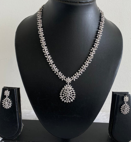 Silver tone cz white stone necklace set dj-54354