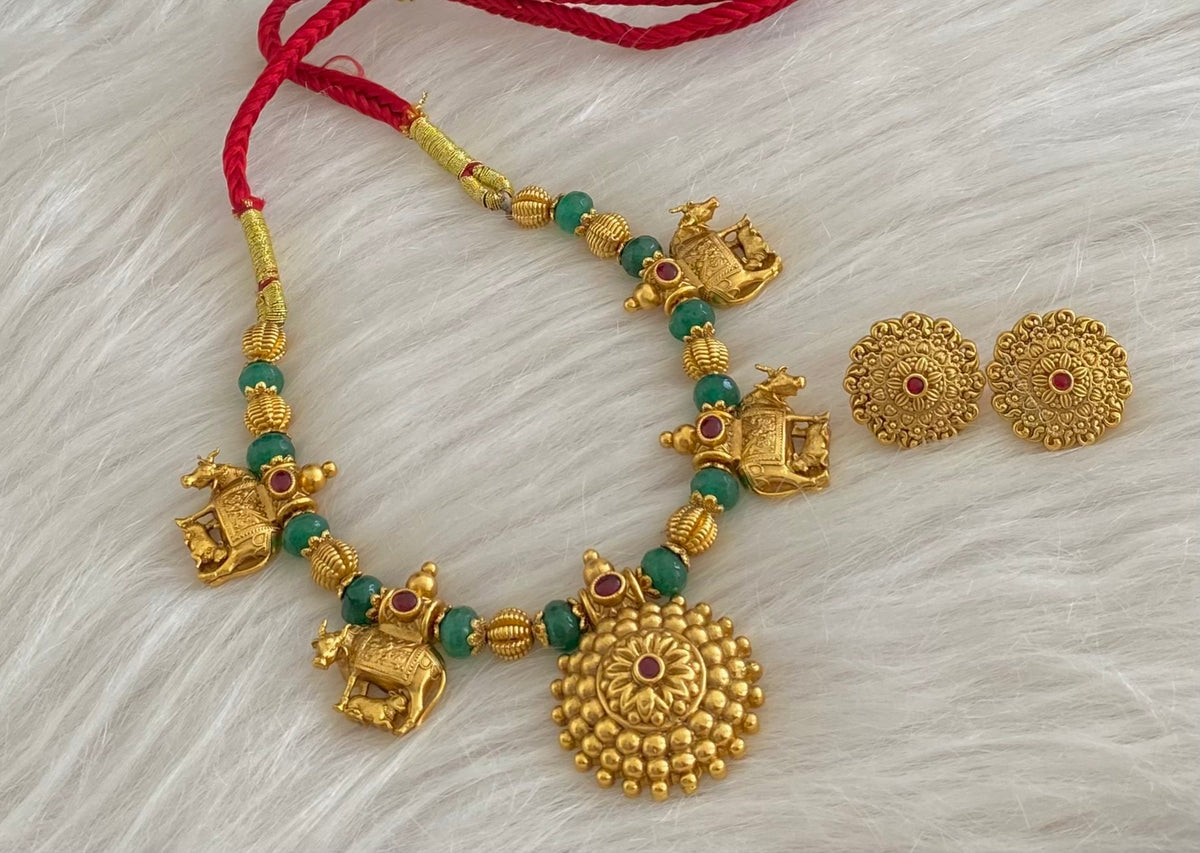 Antique gold tone green beaded kamadhenu necklace set dj-54956