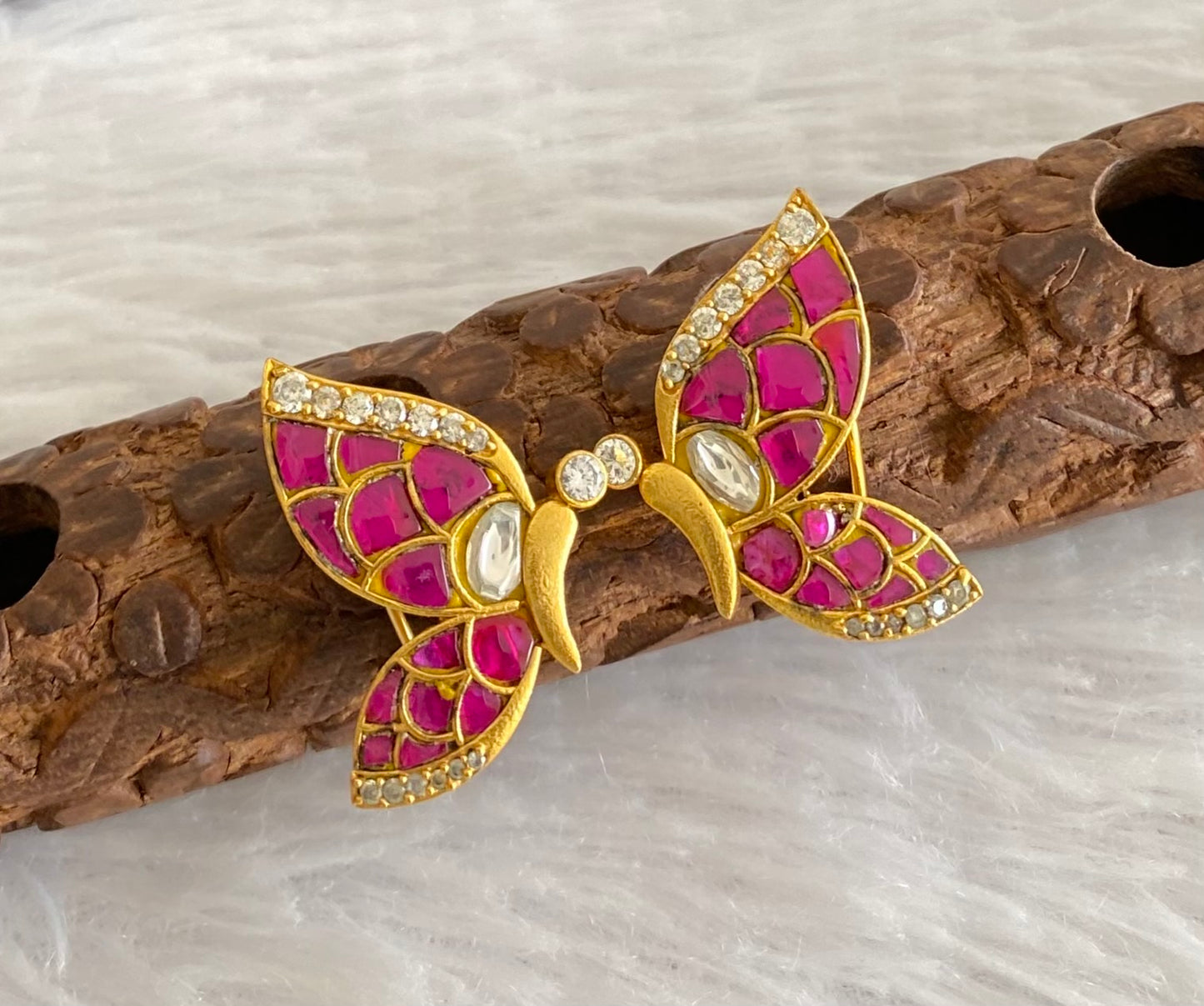 Gold tone pink-white kundan jadau butterfly earrings dj-53528