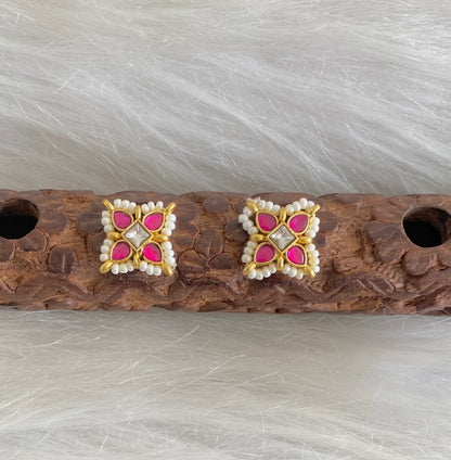 Gold tone pink-white kundan jadau flower stud/earrings dj-54575