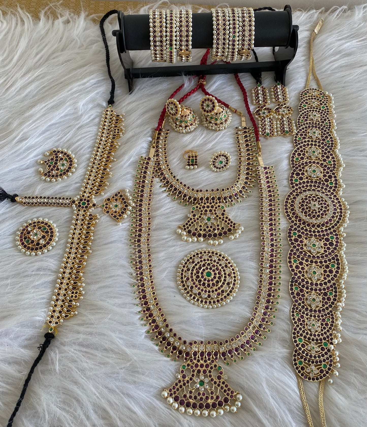 Gold tone precious kemp-green-white pearl peacock bridal set dj-53965
