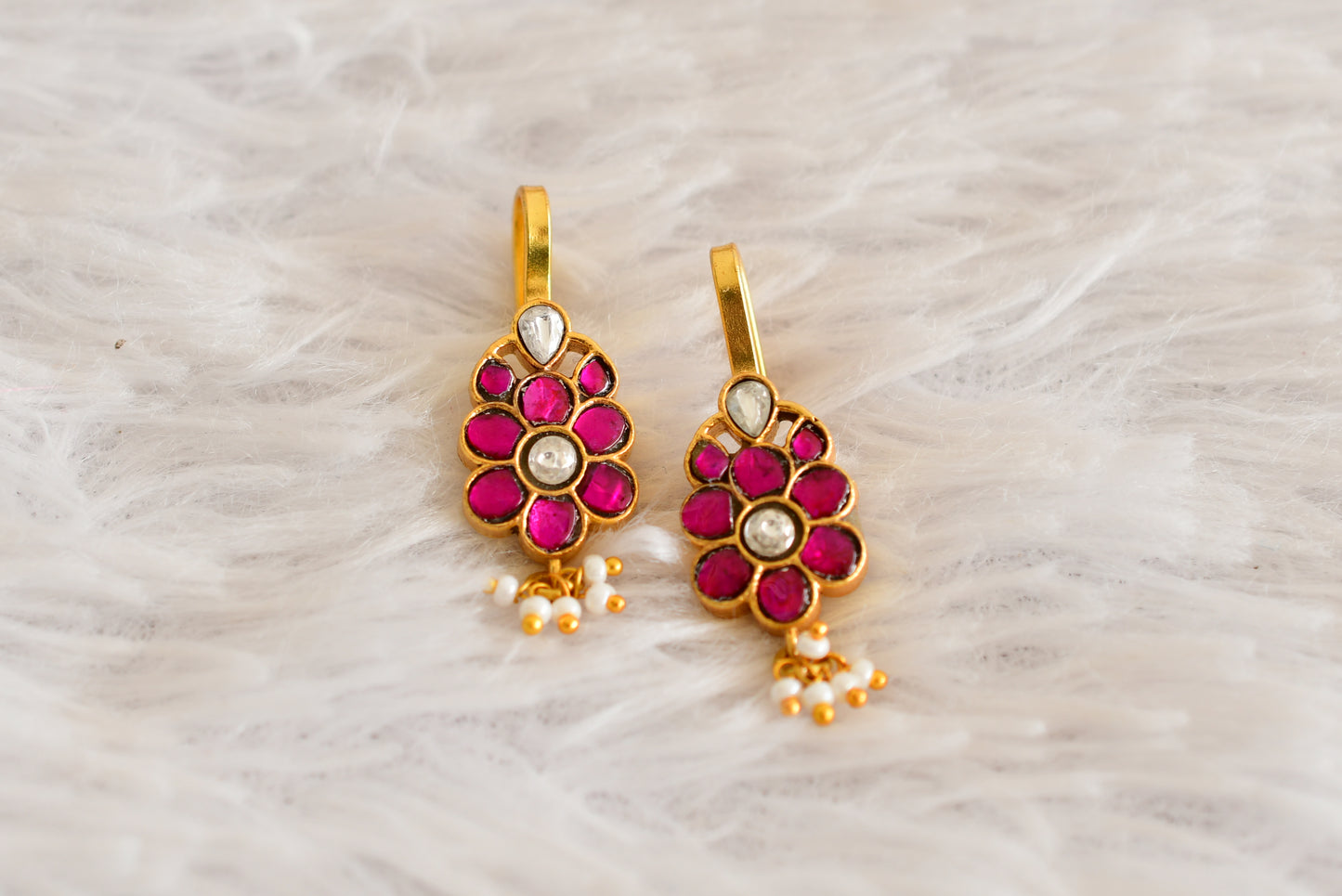 Gold tone pink-white kundan jadau flower bugadi earrings dj-52482