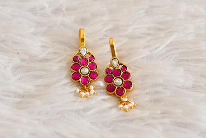 Gold tone pink-white kundan jadau flower bugadi earrings dj-52482