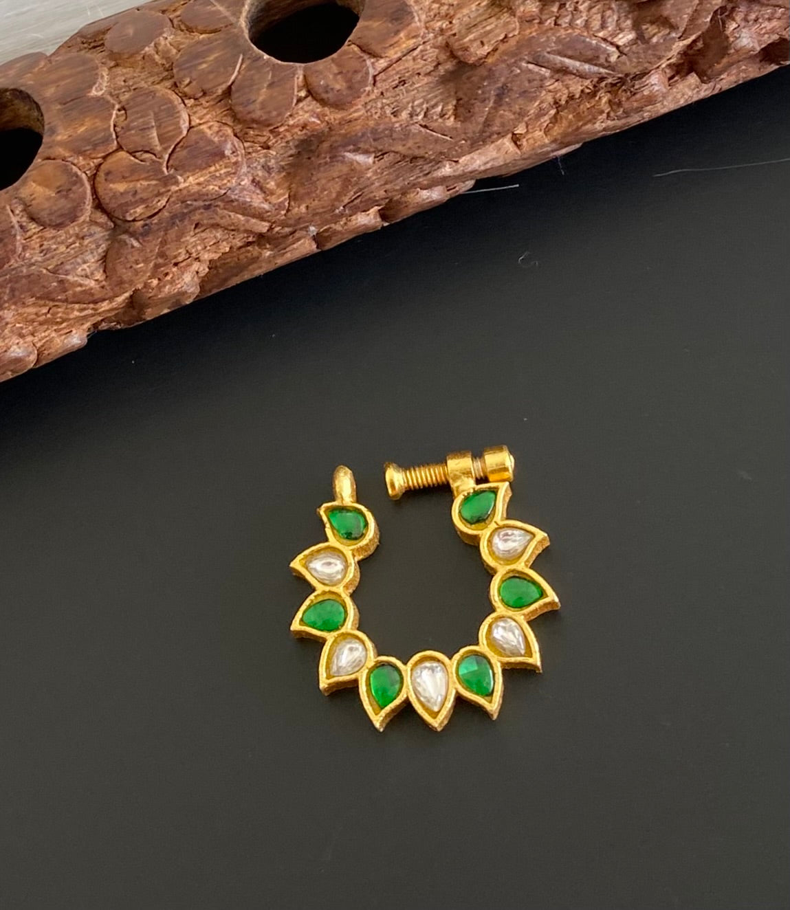 Gold tone kundan jadau white-green nose pin dj-53709