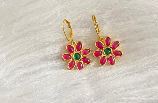 Gold tone pink-green flower hook earrings dj-54487