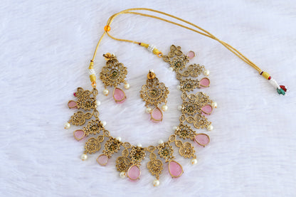 Antique gold tone cz pearl baby pink beaded necklace set dj-53014