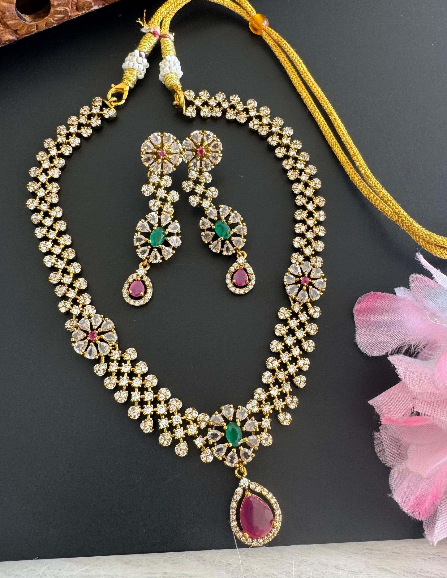 Antique gold tone cz ruby-green flower block stone necklace set dj-51216