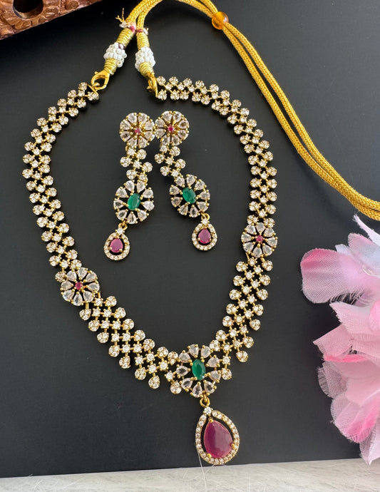 Antique gold tone cz ruby-green flower block stone necklace set dj-51216