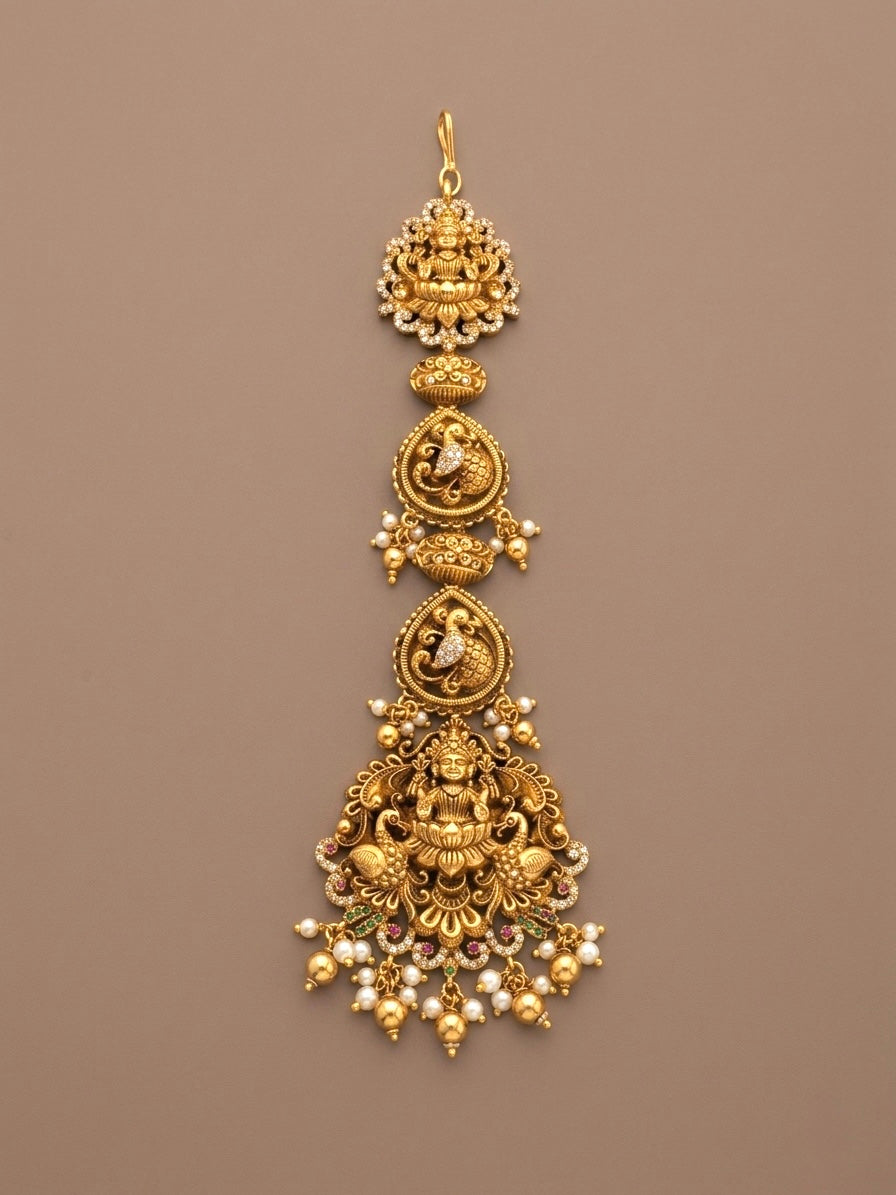 Antique gold tone cz white lakshmi peacock tikka dj-52058