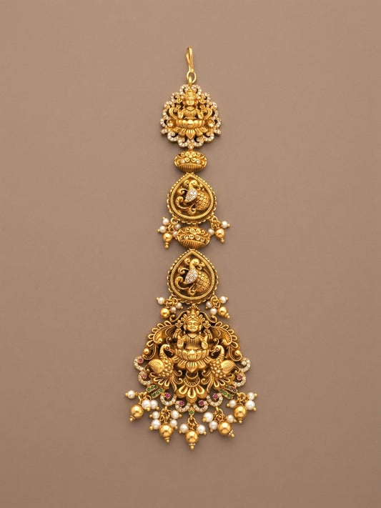 Antique gold tone cz white lakshmi peacock tikka dj-52058