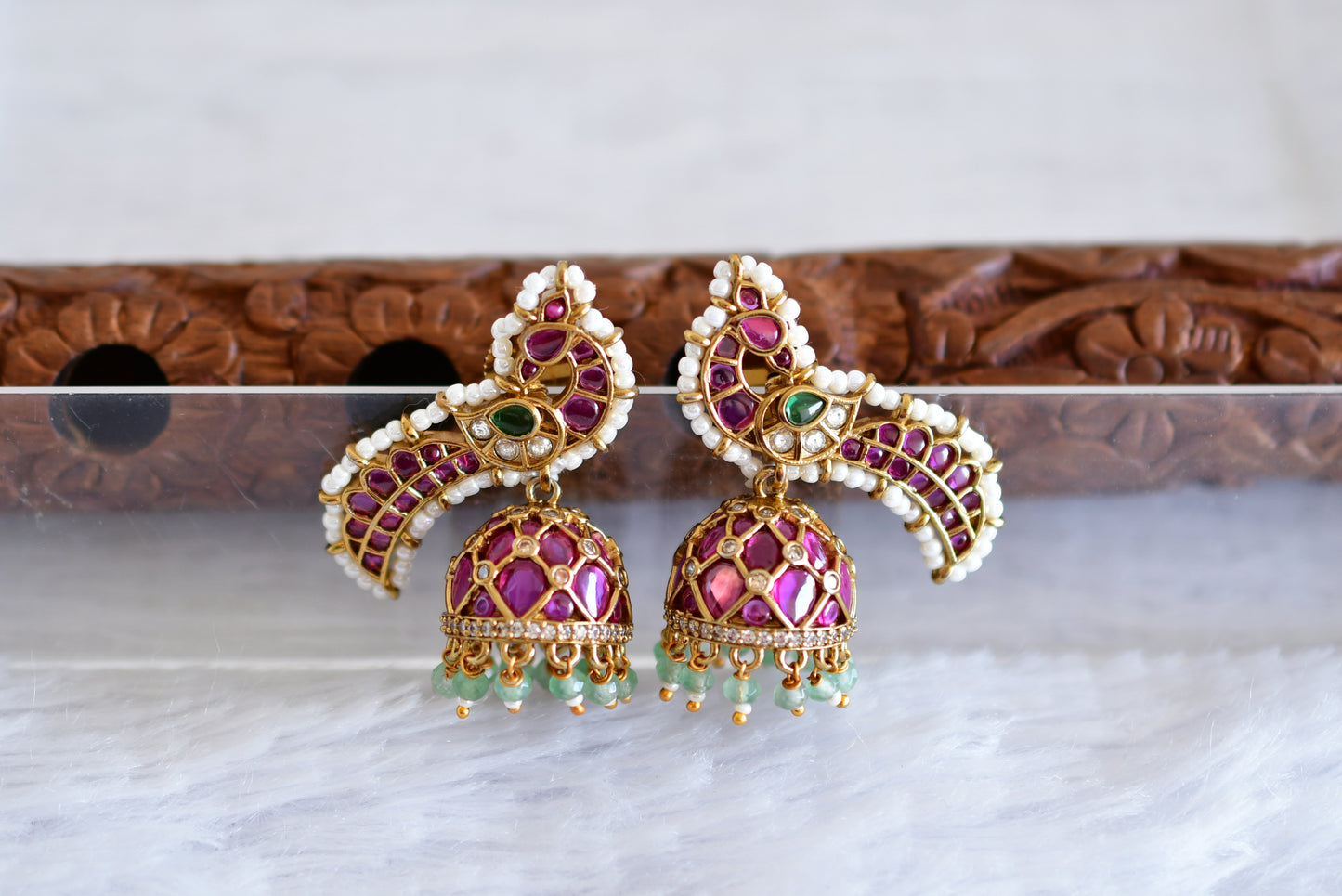 Antique gold tone cz kemp-green peacock jhumkka dj-52551