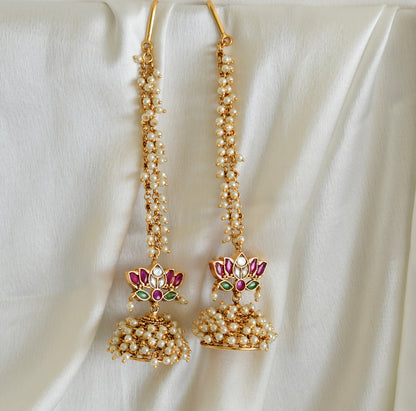 Matte finish kemp-green pearl lotus jhumkka with ear side chain dj-52558