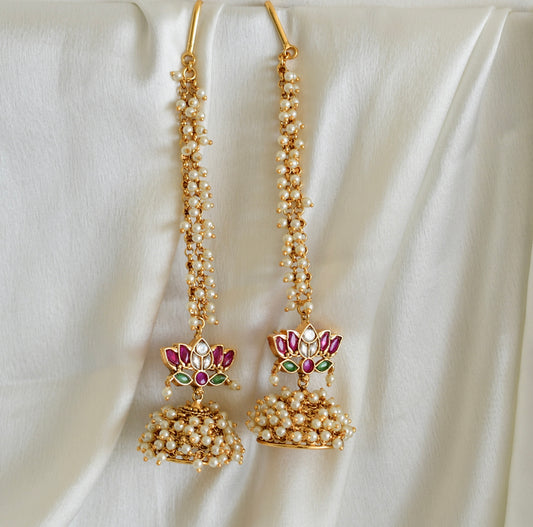 Matte finish kemp-green pearl lotus jhumkka with ear side chain dj-52558