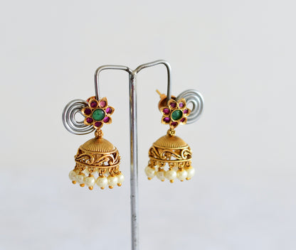 Antique gold tone kemp-green flower jhumkka dj-51929