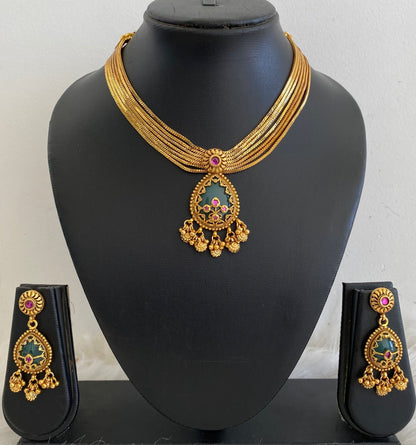 Antique gold tone green stone necklace set dj-54766