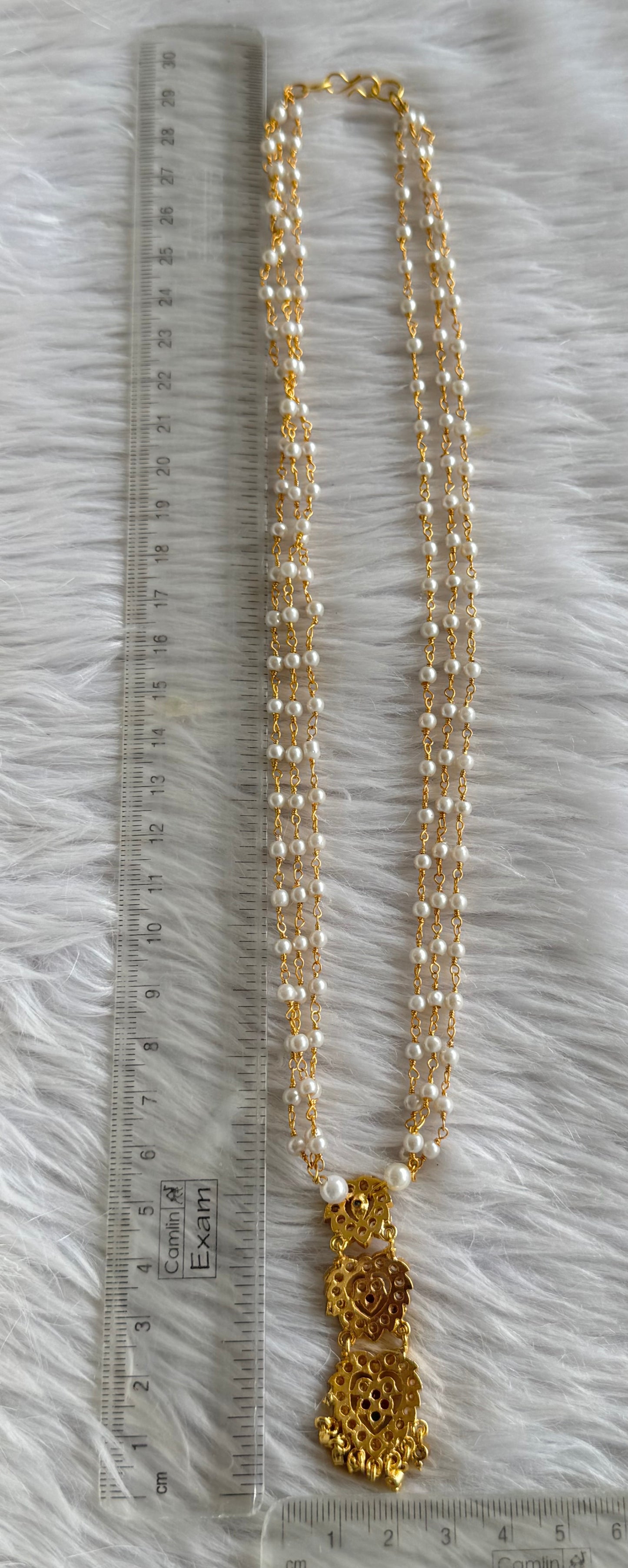 Gold tone AD pink-green heart step pendant with pearl chain dj-51117