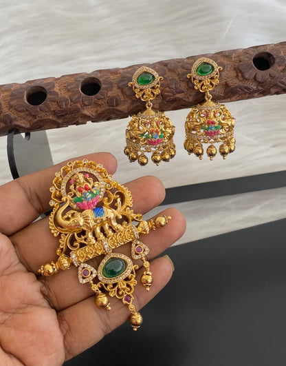 Antique gold tone gaja lakshmi meenakari pendant set dj-54744