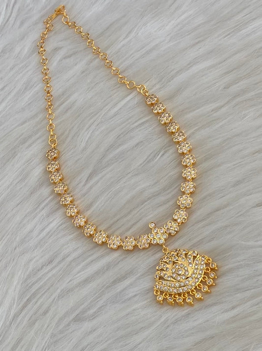 Gold tone south indian AD white stone flower necklace dj-54923