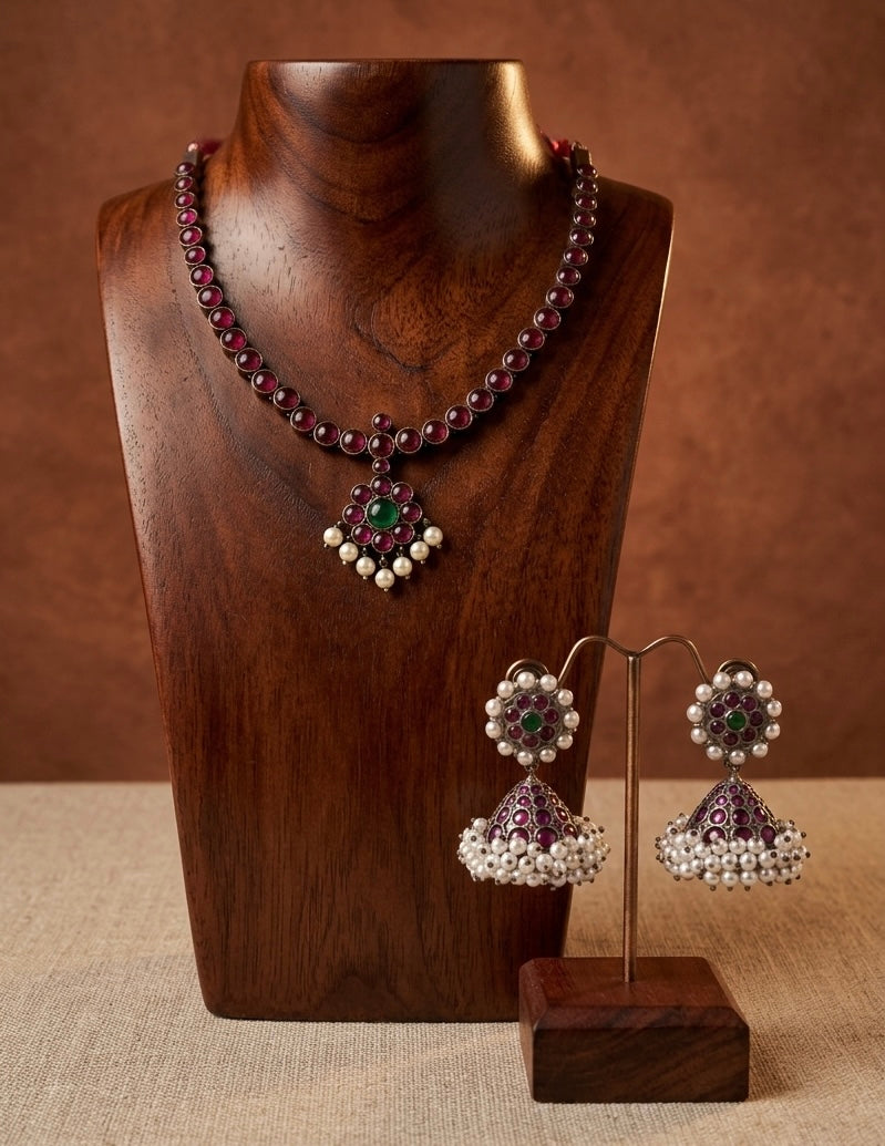 Black finish precious kemp-green pearl flower necklace set dj-53354