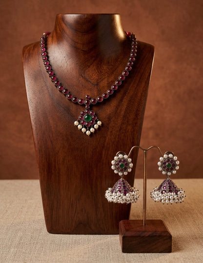Black finish precious kemp-green pearl flower necklace set dj-53354