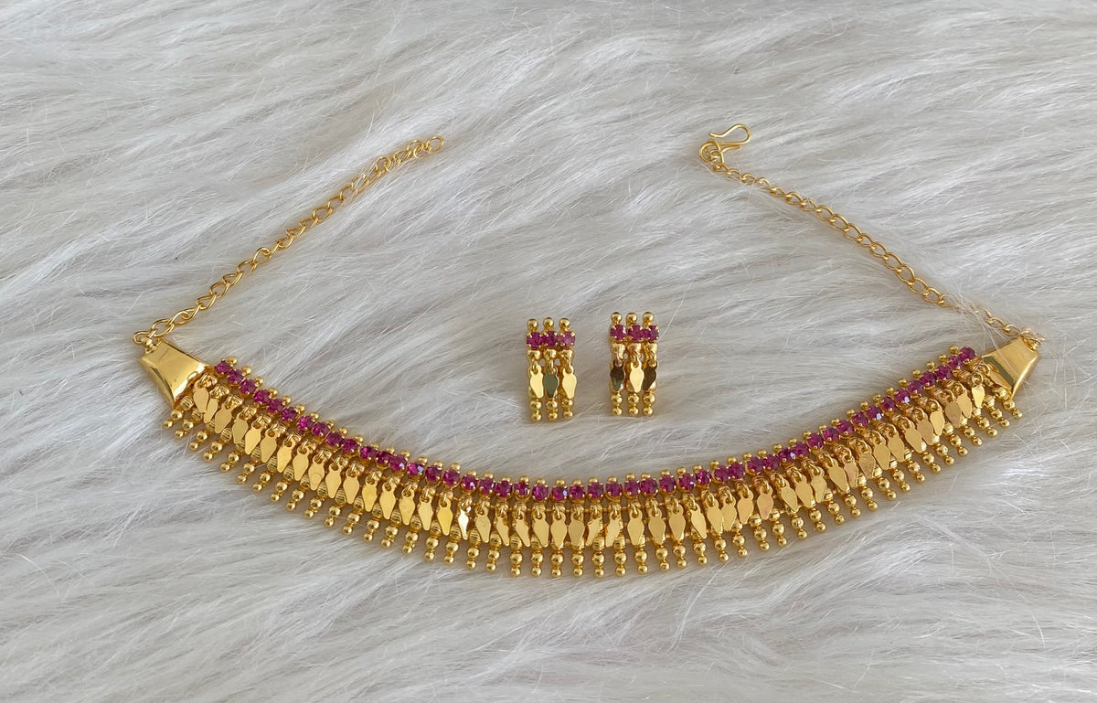 Gold tone pink-white stone combo necklace set dj-55105