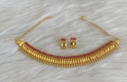 Gold tone pink-white stone combo necklace set dj-55105