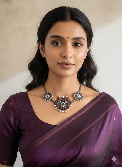 Black finish precious kemp-green pearl moon necklace dj-52281