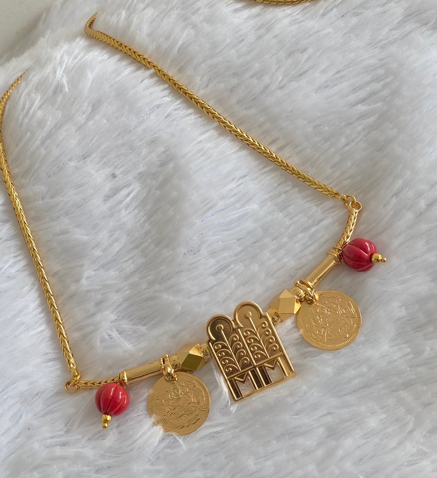 Gold tone 24 inches chain with coral bead lakshmi coin thulasi mangalyam dj-54376