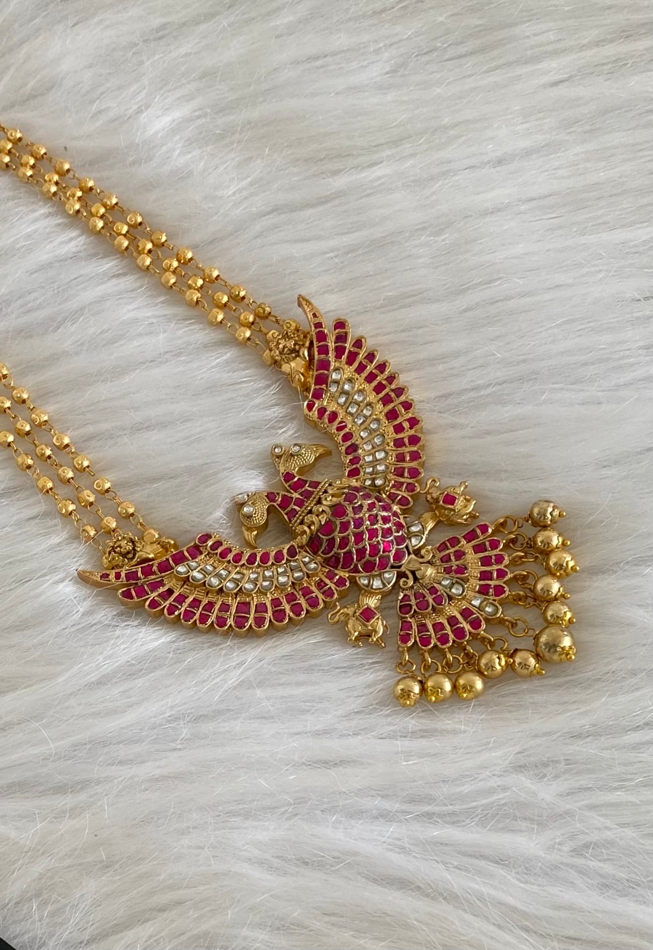 Gold tone pink-white kundan jadau ganda berunda necklace dj-52309