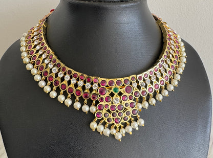 Gold tone precious kemp-green-white pearl bead choker necklace dj-51185