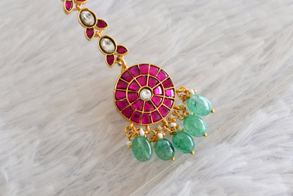 Gold tone pink-green kundan jadau green beaded round tikka dj-52500