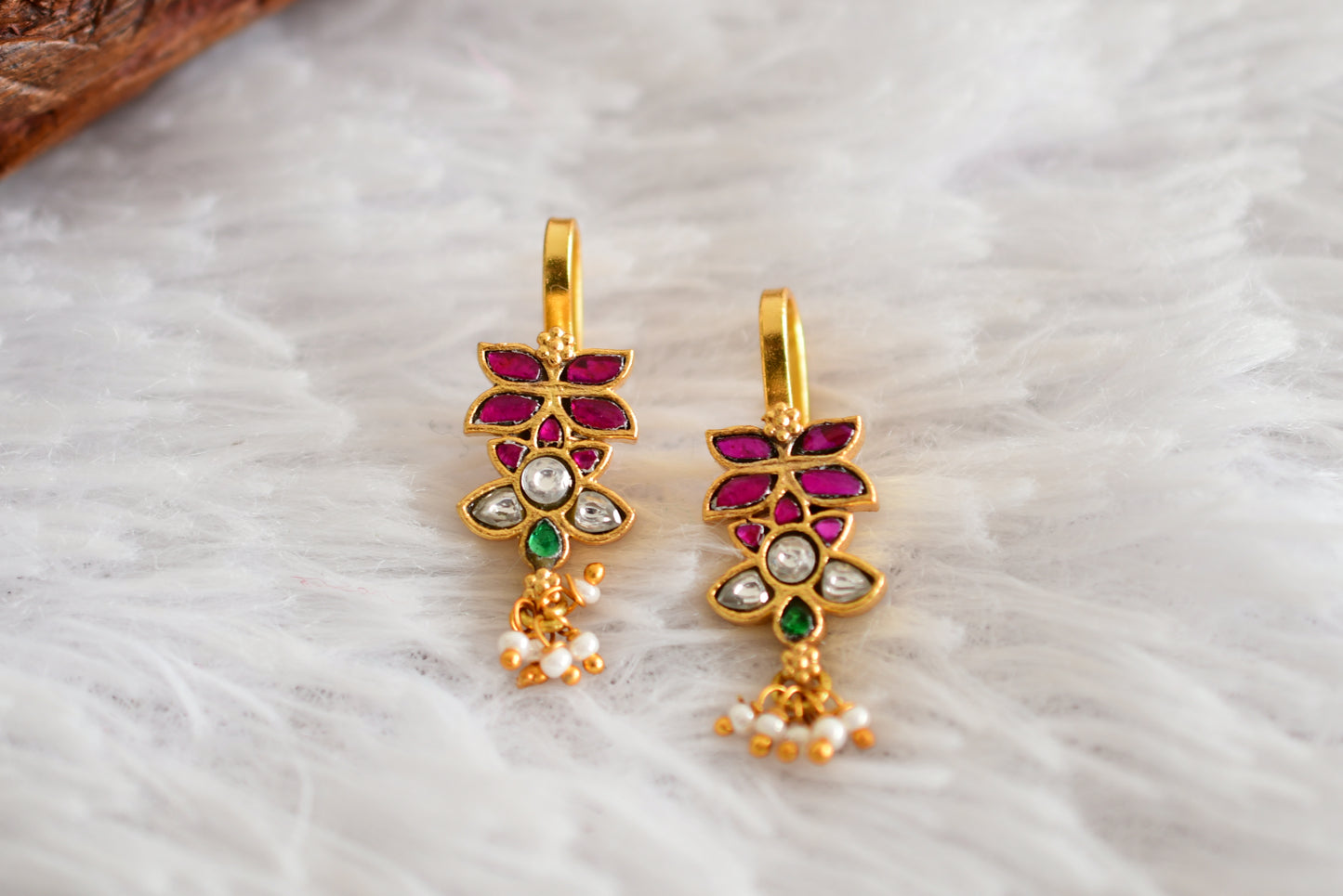Gold tone pink-green-white kundan jadau butterfly bugadi earrings dj-52487