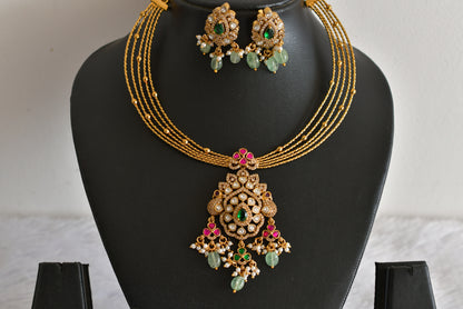 Antique gold tone pink-green kundan jadau kante necklace set dj-52424