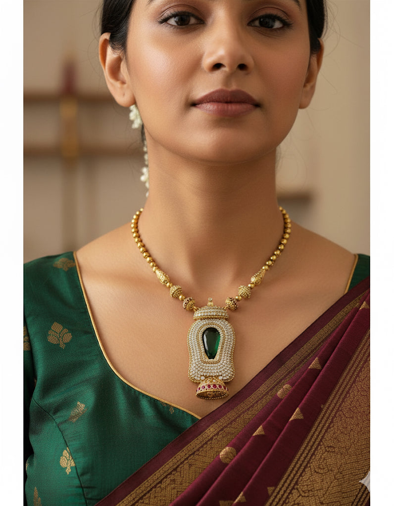 Antique gold tone pink-green-white Kerala style necklace set dj-51218