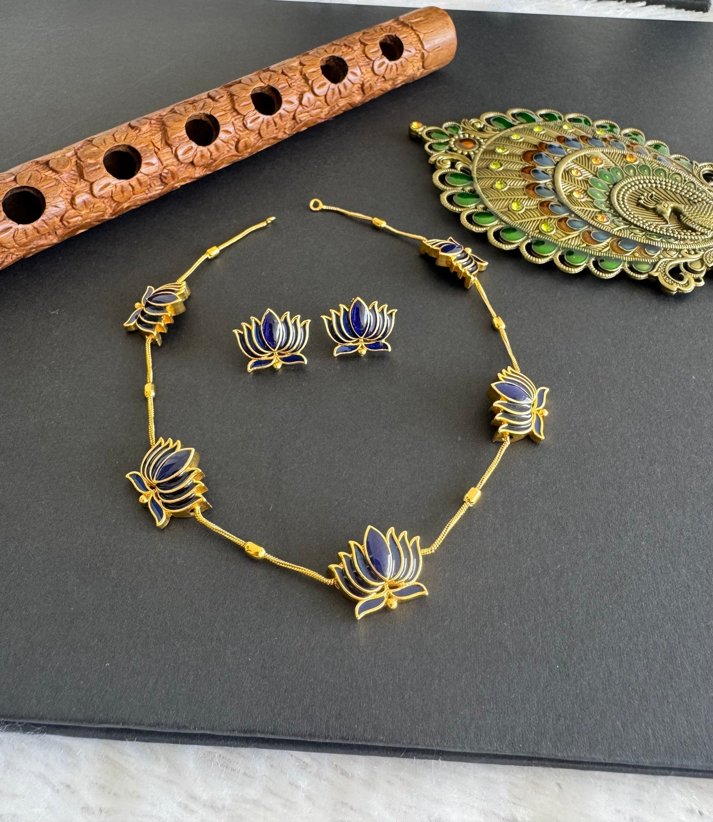 Matte finish Blue lotus enamel necklace set dj-52112