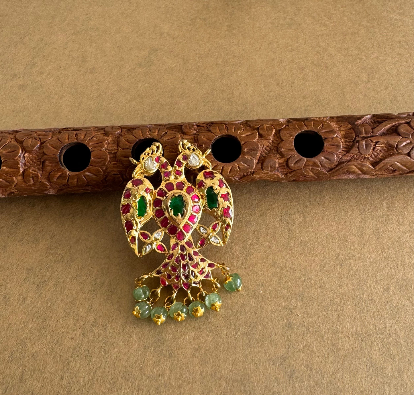 Gold tone pink-green-white kundan jadau reversible Gandaberunda pendant dj-51588