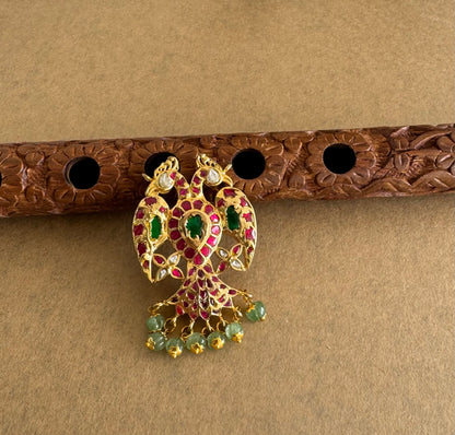 Gold tone pink-green-white kundan jadau reversible Gandaberunda pendant dj-51588