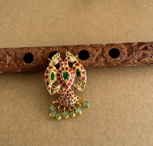 Gold tone pink-green-white kundan jadau reversible Gandaberunda pendant dj-51588