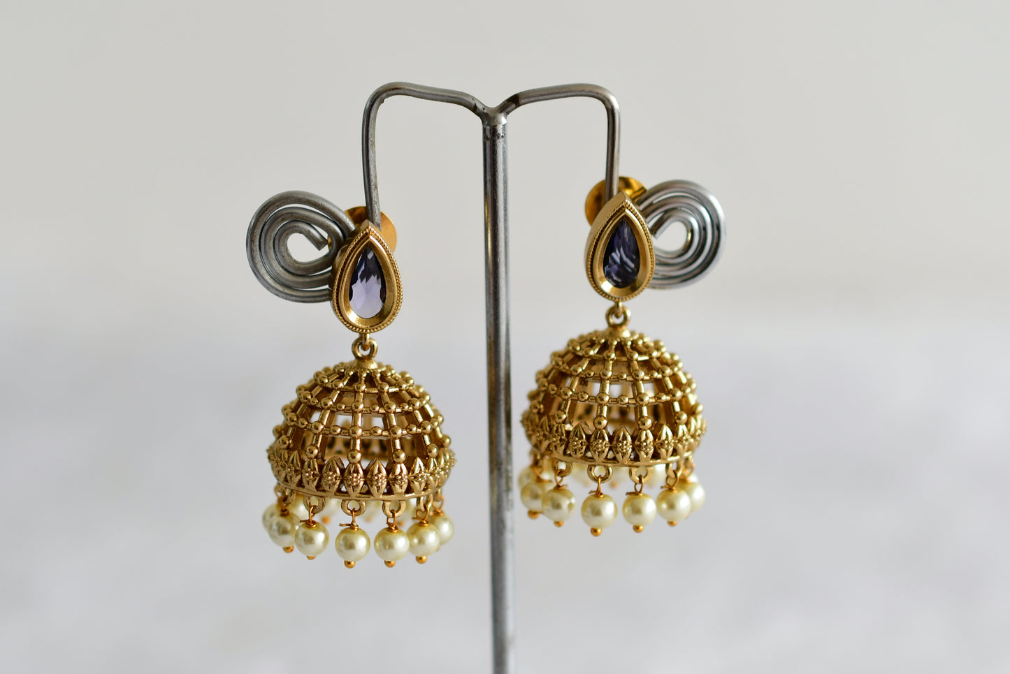 Antique gold tone purple thilak stone pearl jhumkka dj-51854